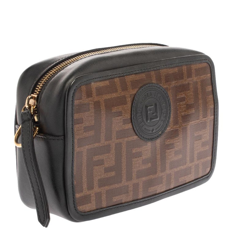 Fendi Black Brown Zucca Coated Canvas and Leather Mini Camera Bag at