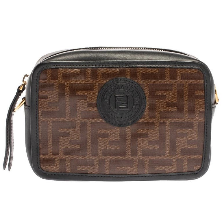 Fendi Black Brown Zucca Coated Canvas and Leather Mini Camera Bag at