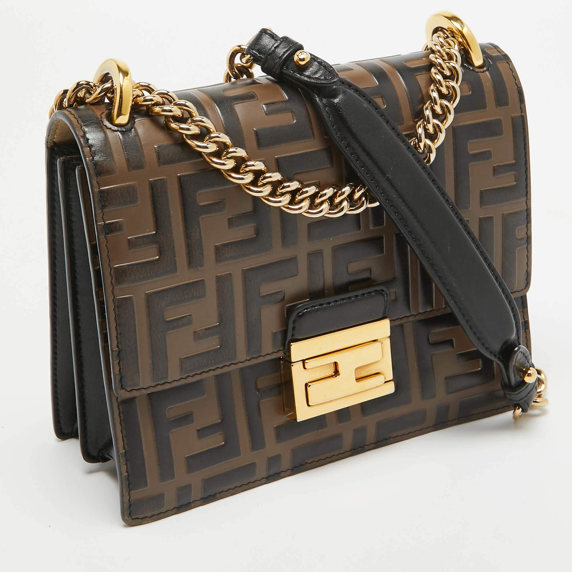 Fendi Black/Brown Zucca Embossed Leather Small Kan U Shoulder Bag In Excellent Condition In Dubai, Al Qouz 2