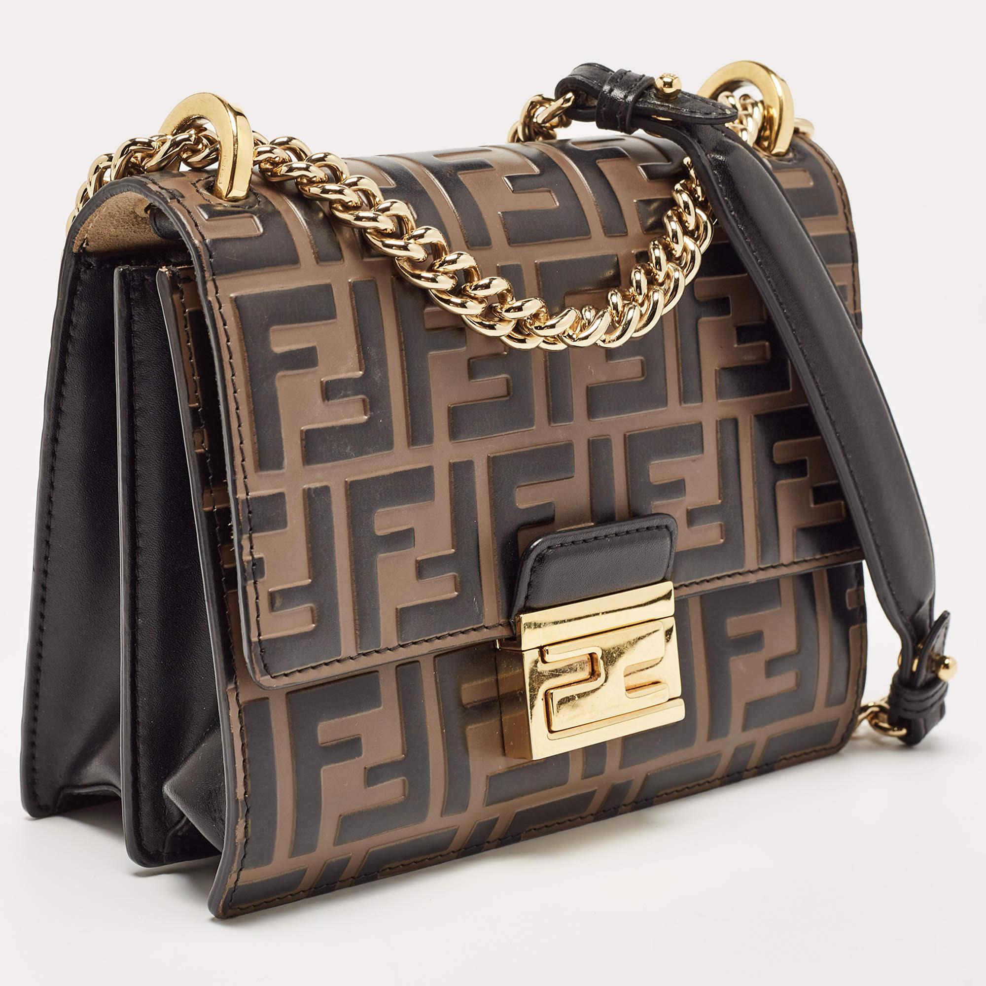 Fendi Black/Brown Zucca Embossed Leather Small Kan U Shoulder Bag For Sale 1