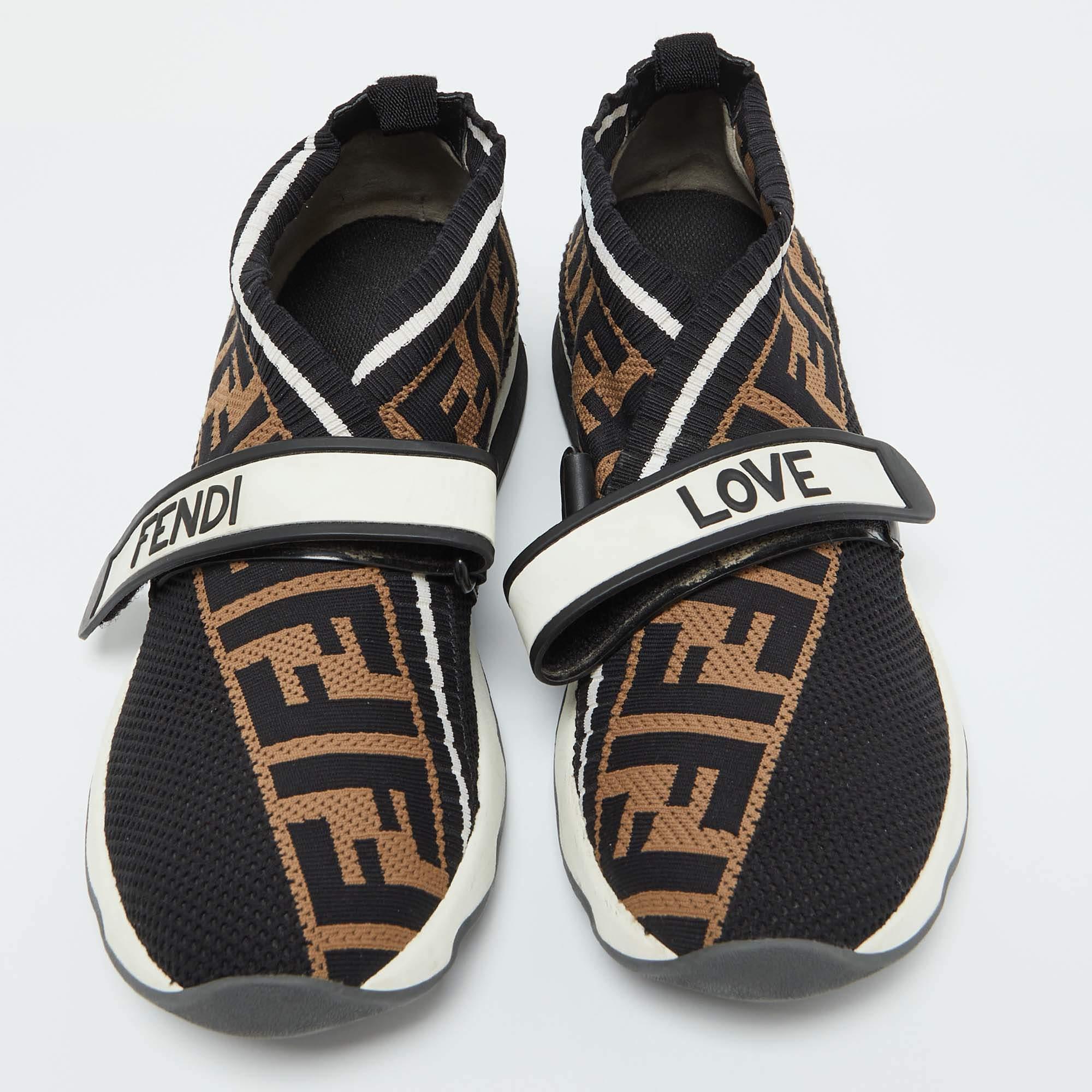 Fendi Schwarz/Braun Zucca Knit Stoff Rockoko Slip On Sneakers Größe 38 im Zustand „Gut“ im Angebot in Dubai, Al Qouz 2