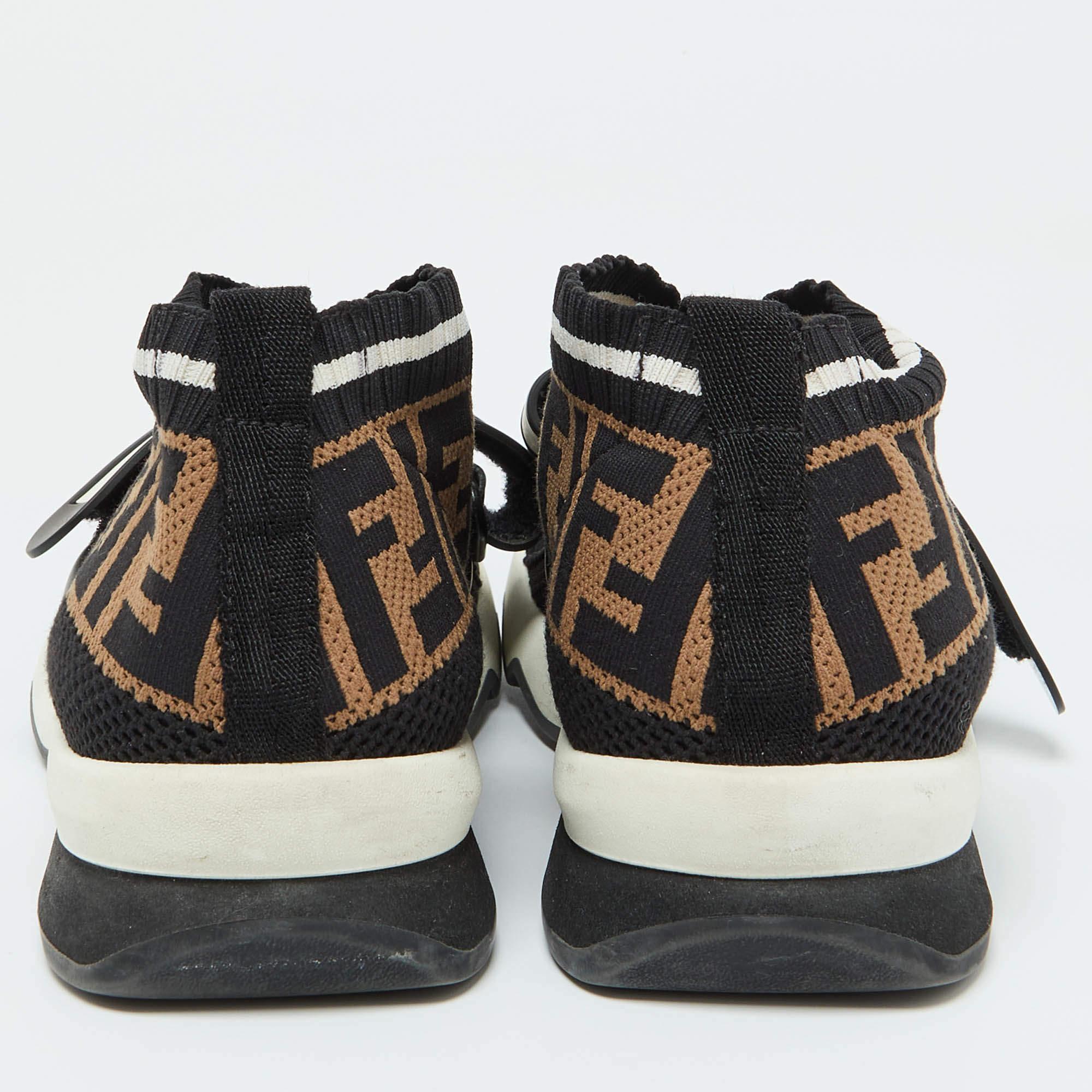 Fendi Schwarz/Braun Zucca Knit Stoff Rockoko Slip On Sneakers Größe 38 im Angebot 1