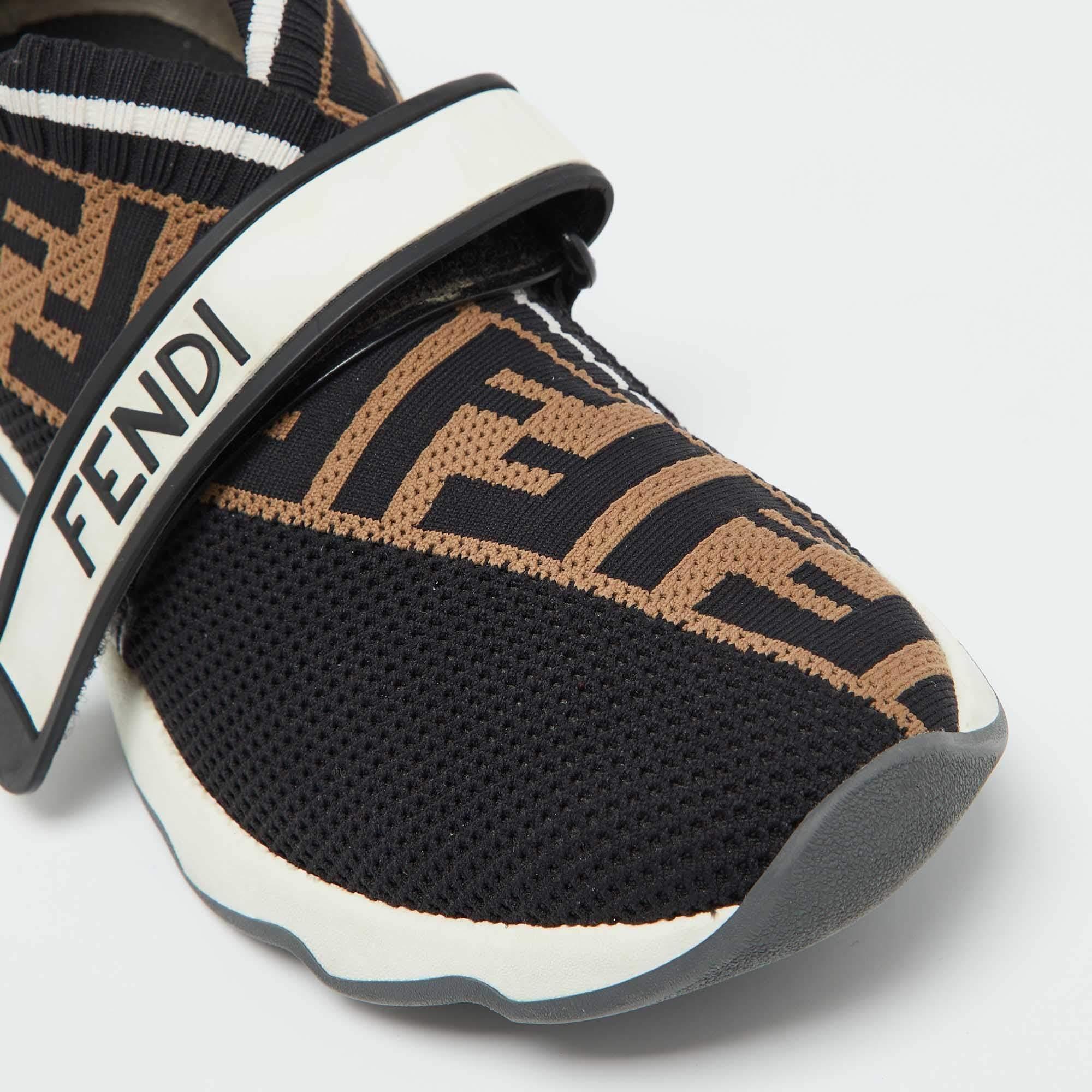 Fendi Schwarz/Braun Zucca Knit Stoff Rockoko Slip On Sneakers Größe 38 im Angebot 3