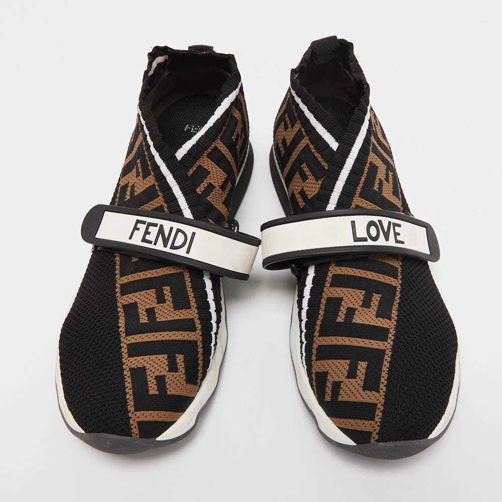 Fendi Black/Brown Zucca Knit Fabric Rockoko Sneakers Size 38 In Good Condition In Dubai, Al Qouz 2