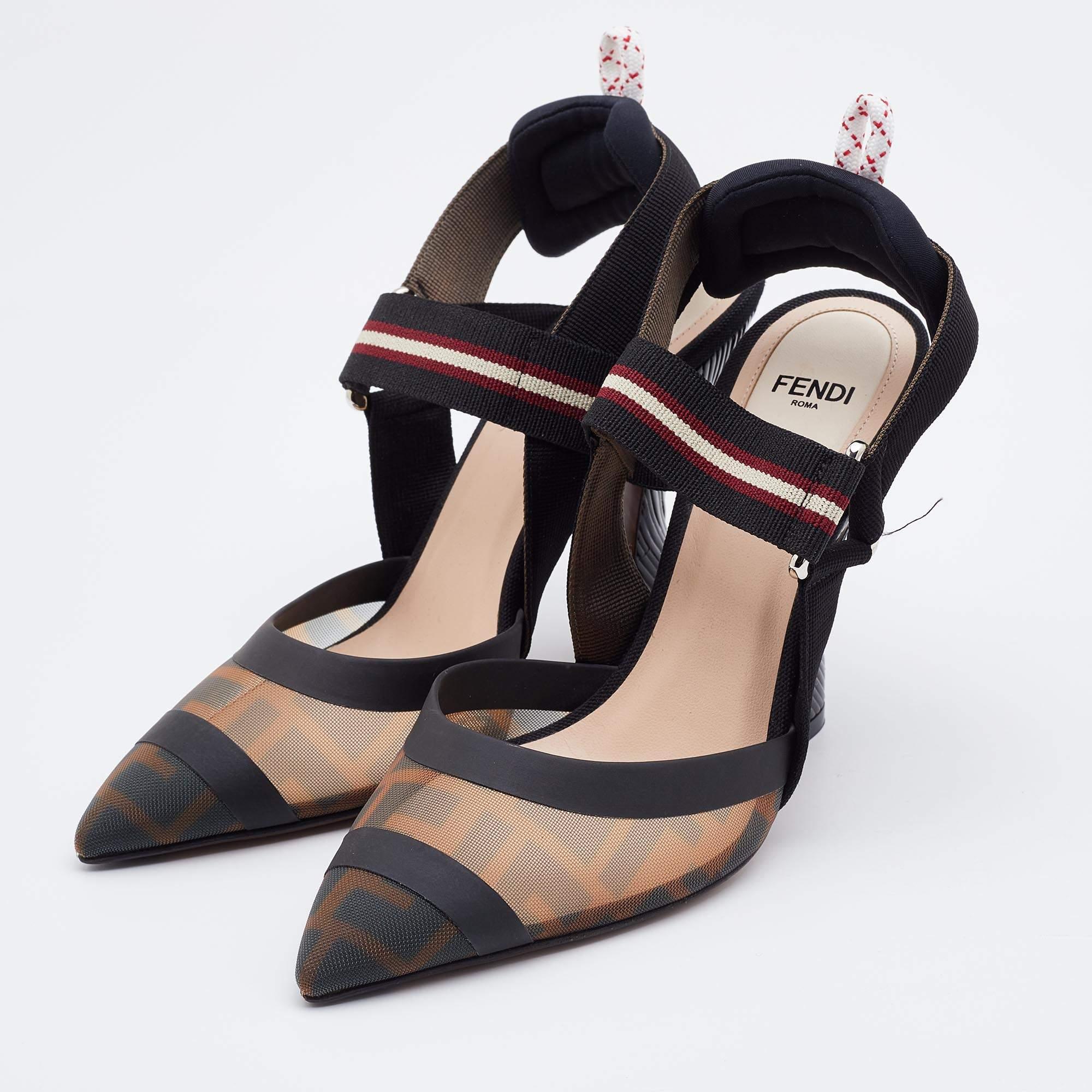 Fendi Black/Brown Zucca Mesh and Leather Colibri Slingback Pumps Size 36 In Good Condition In Dubai, Al Qouz 2