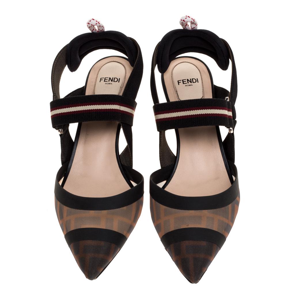 Fendi Black/Brown Zucca Mesh Colibri Slingback Pumps Size 38.5 In Fair Condition In Dubai, Al Qouz 2