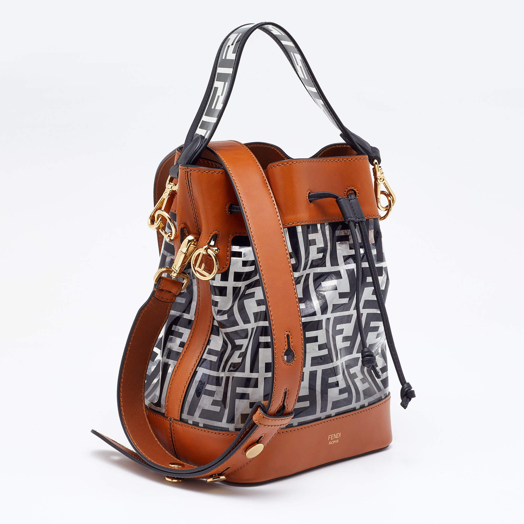 Fendi Black/Brown Zucca PVC and Leather Mon Tresor Bucket Bag In Good Condition In Dubai, Al Qouz 2