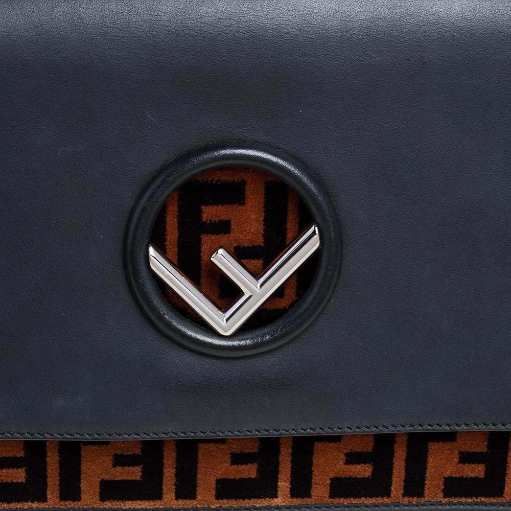 Fendi Black/Brown Zucca Velvet and Leather Kan I F Logo Shoulder Bag 6