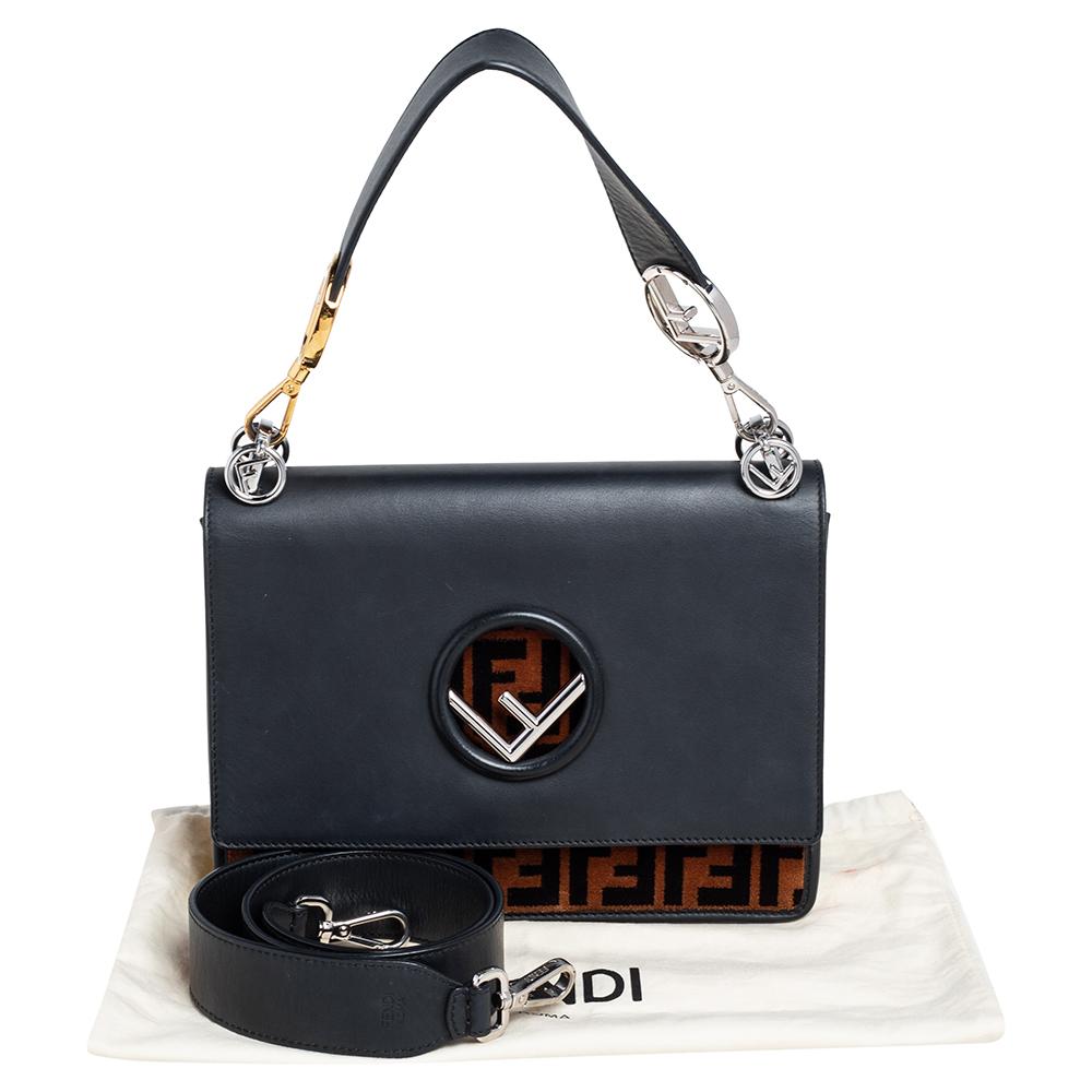 Fendi Black/Brown Zucca Velvet and Leather Kan I F Logo Shoulder Bag 7