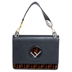 Fendi Black/Brown Zucca Velvet and Leather Kan I F Logo Shoulder Bag