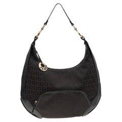 Fendi Hobo da chef tascabile in tela e pelle nera/marrone Zucchino