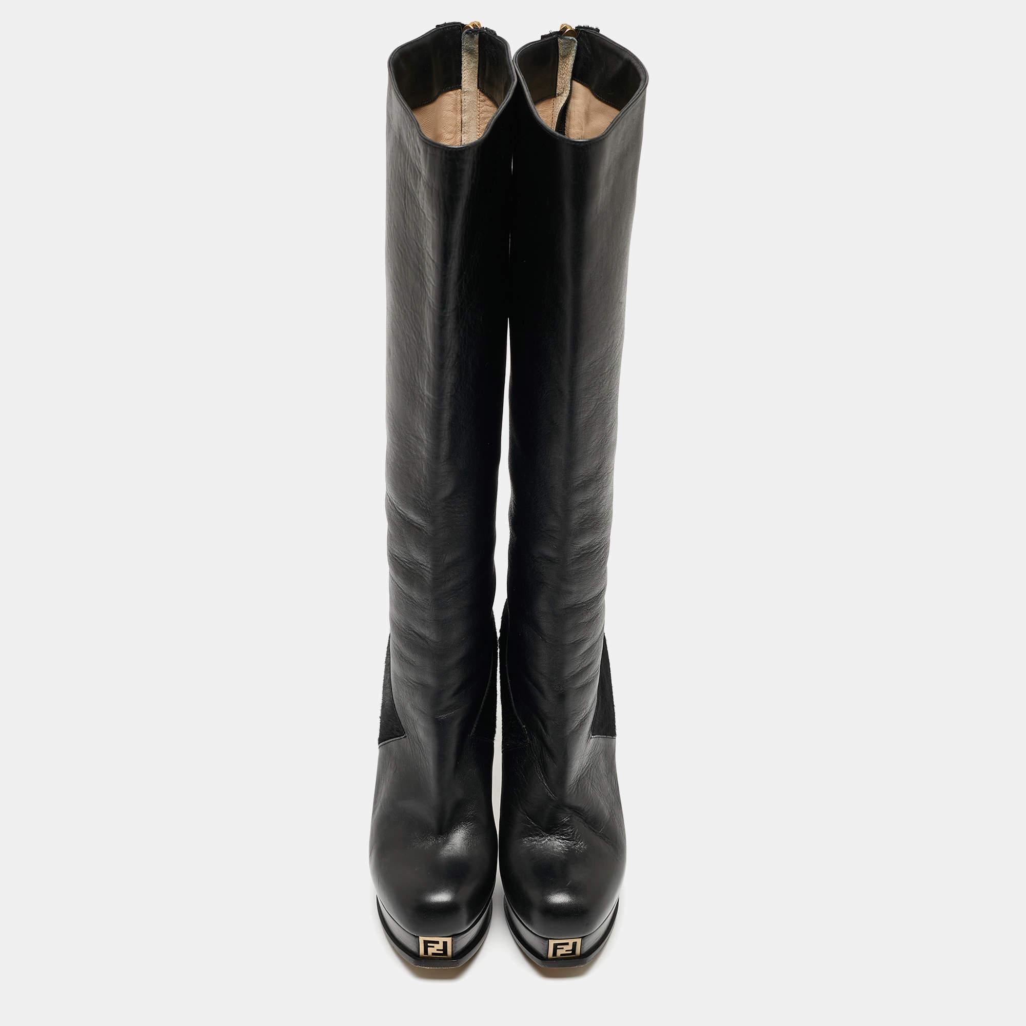 Fendi Black Calf and Leather Knee Length Boots Size 40 In Good Condition For Sale In Dubai, Al Qouz 2