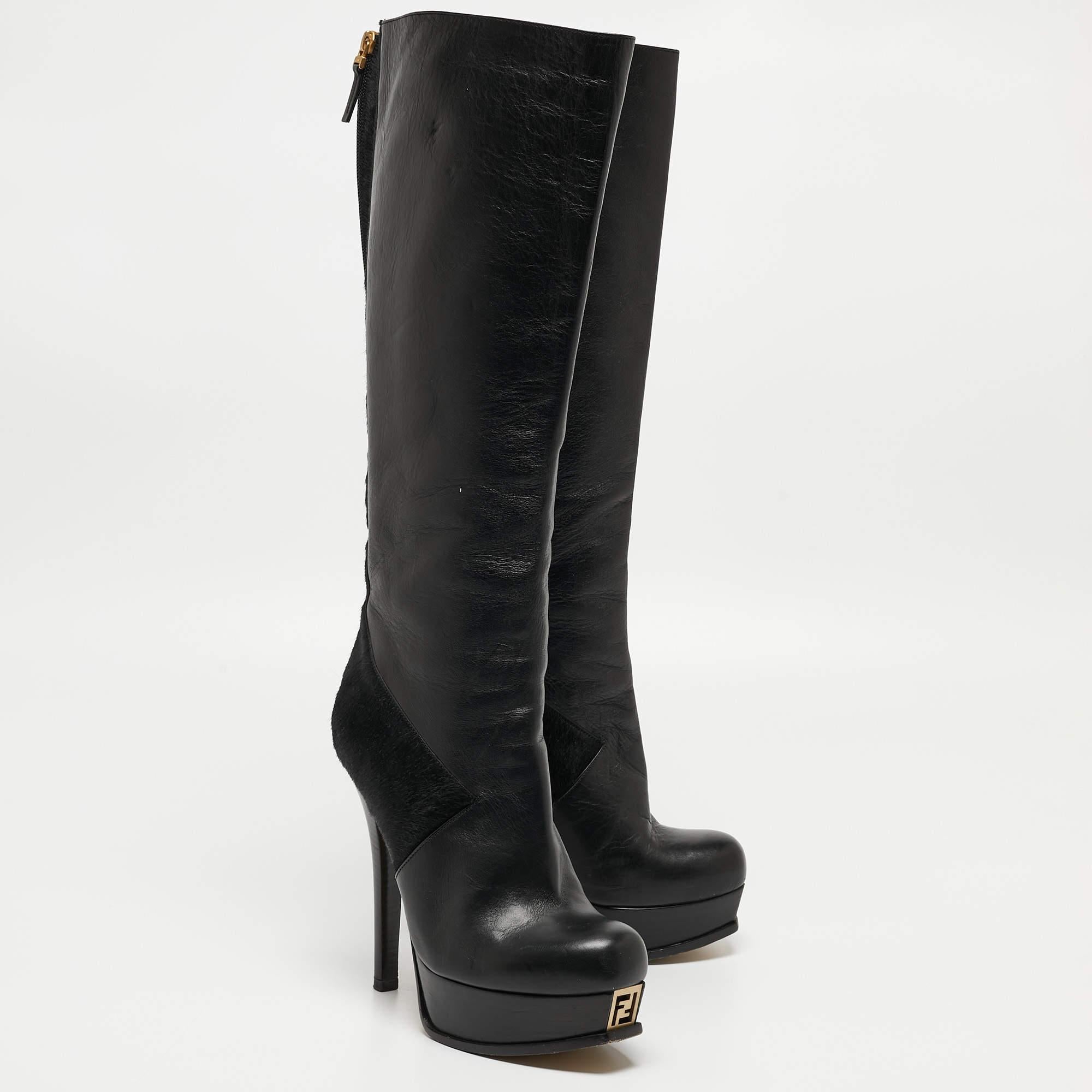 Fendi Black Calf and Leather Knee Length Boots Size 40 For Sale 2