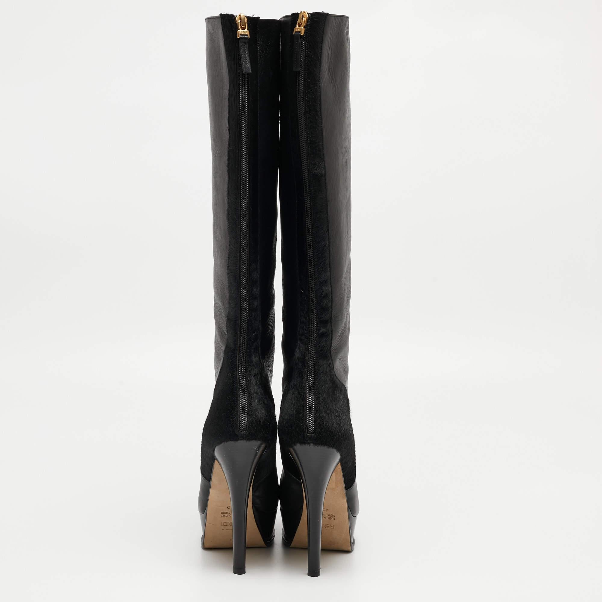 Fendi Black Calf and Leather Knee Length Boots Size 40 For Sale 4
