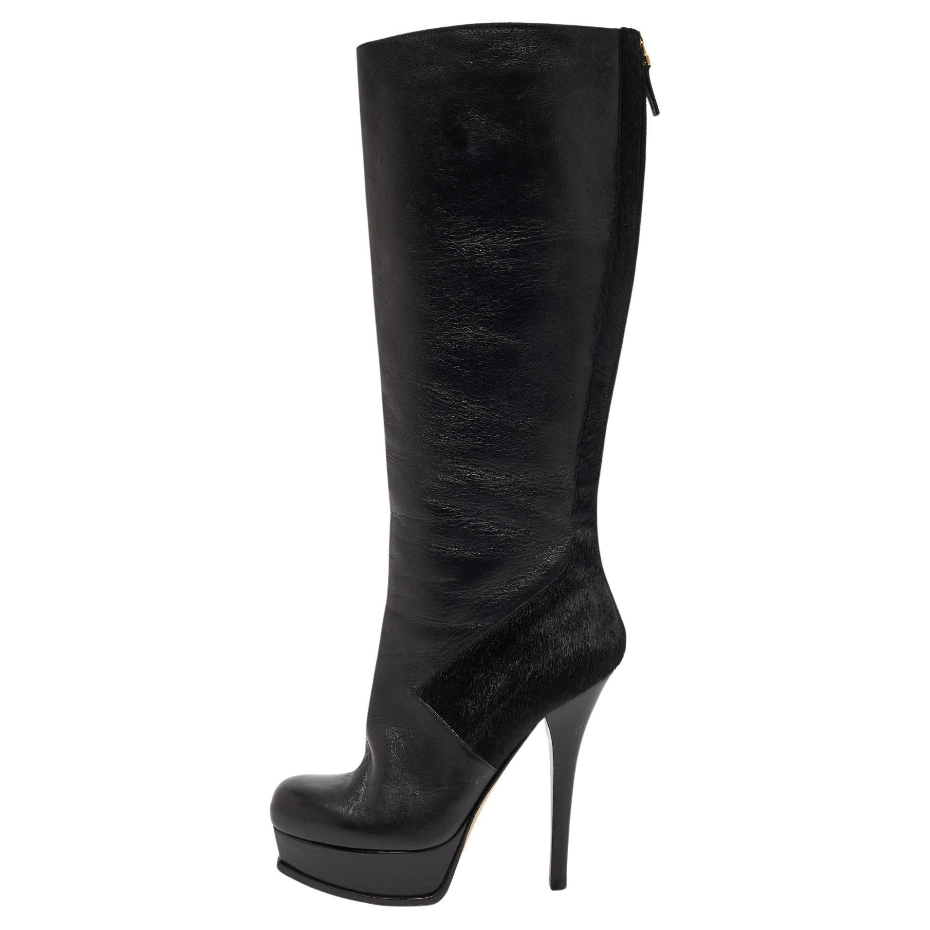 Fendi Black Calf and Leather Knee Length Boots Size 40 For Sale