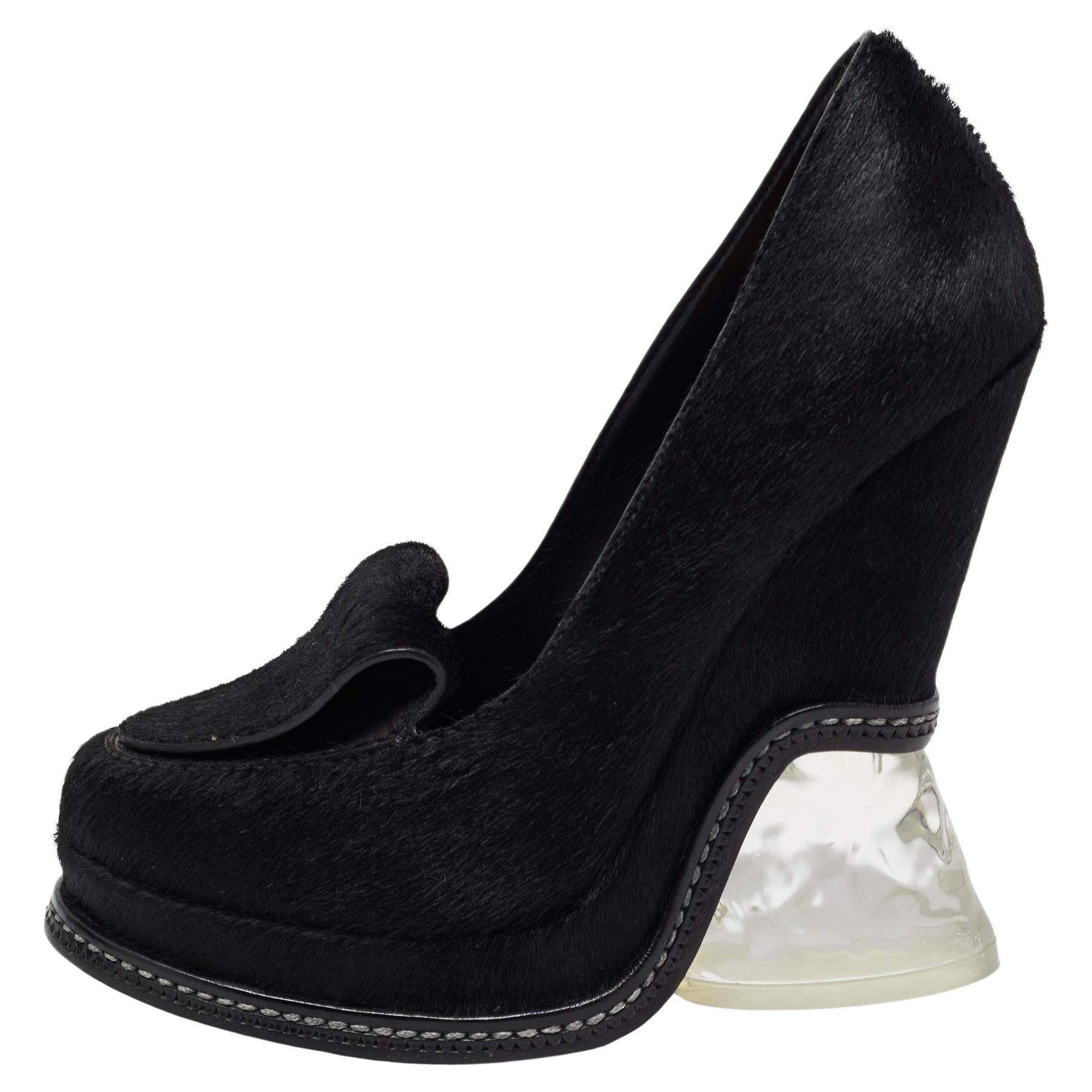 Fendi Black Calf Hair Block Heel Loafer Pumps Size 36