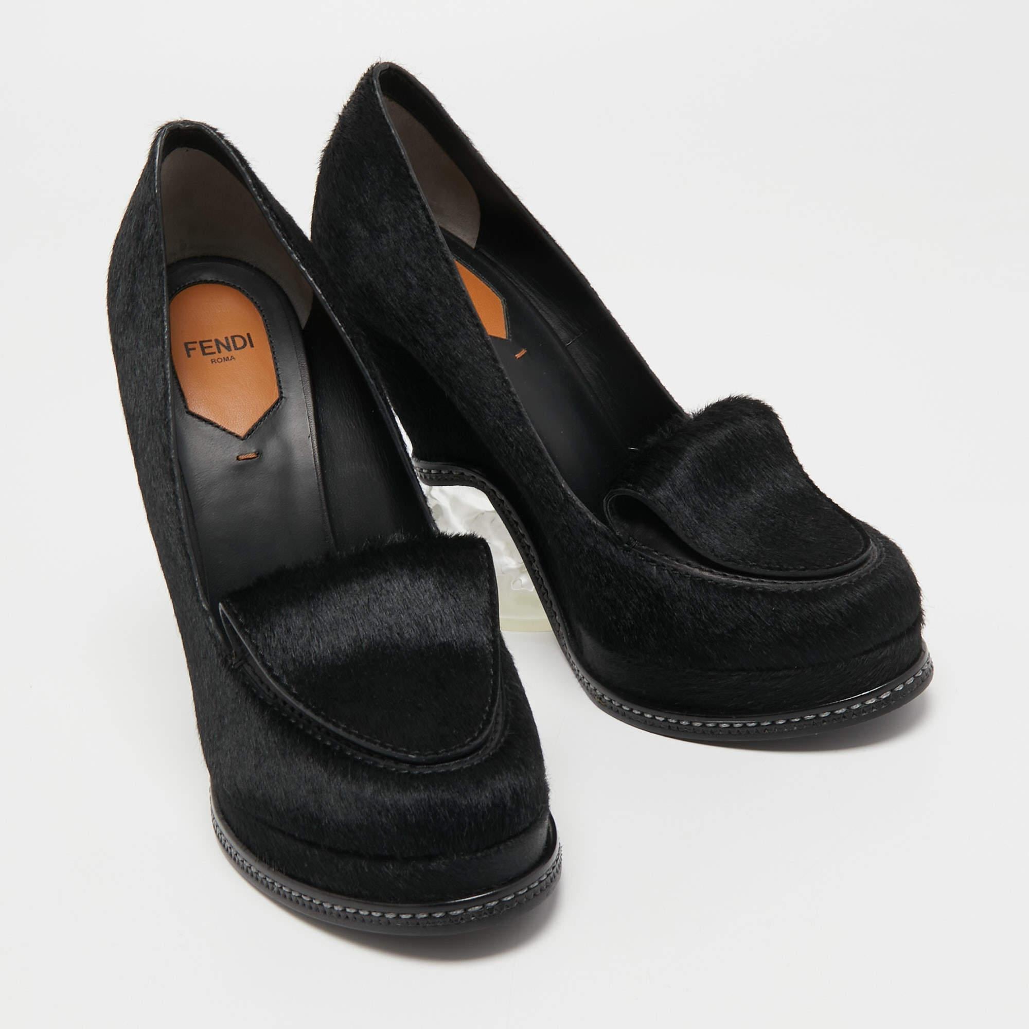 Fendi Black Calf Hair Block Heel Loafer Pumps Size 39 1