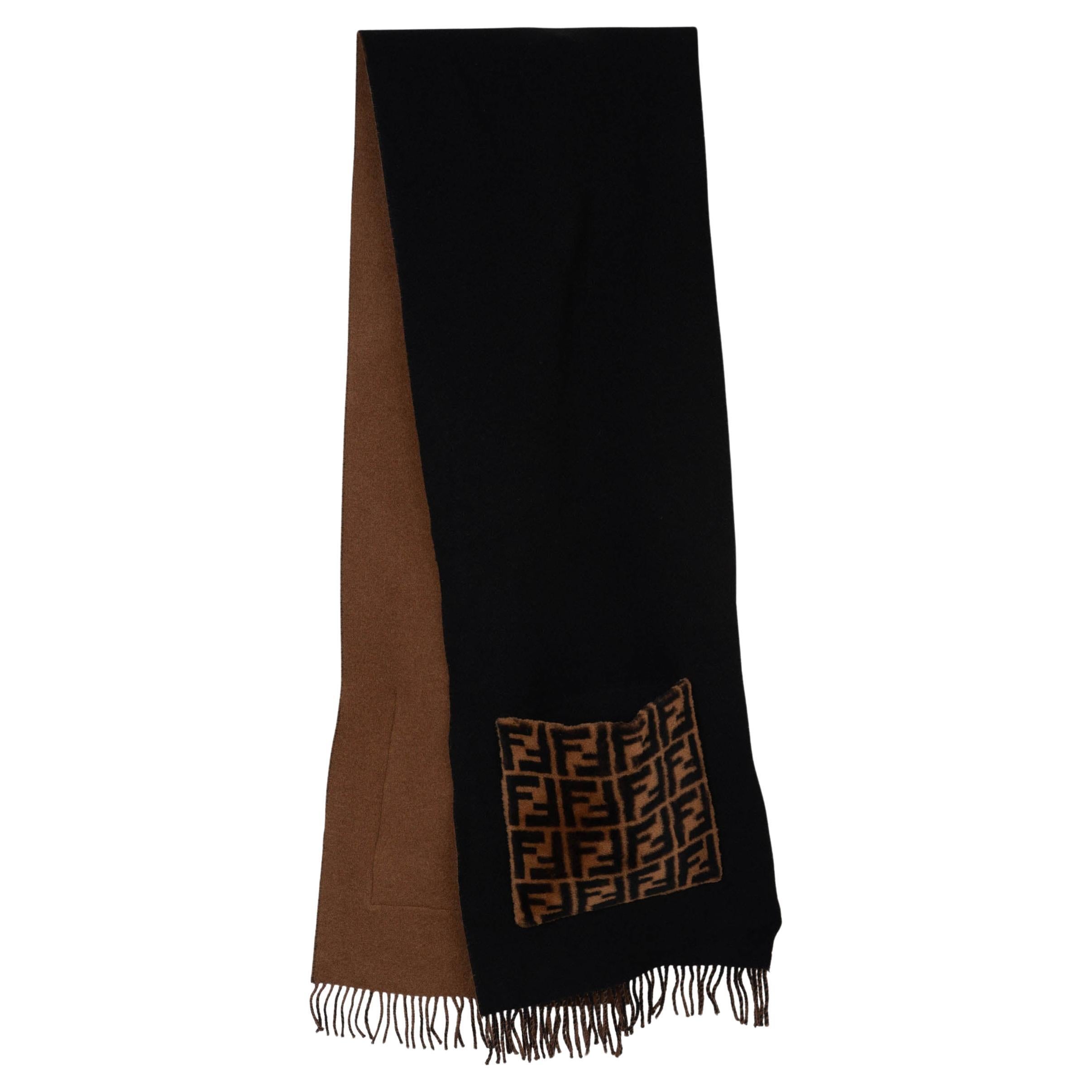 FENDI black & camel wool & cashmere TOUCH OF FUR Muffler Scarf For Sale