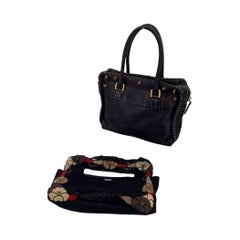 Fendi Black Canvas and Leather Floral Applique Satchel Handbag