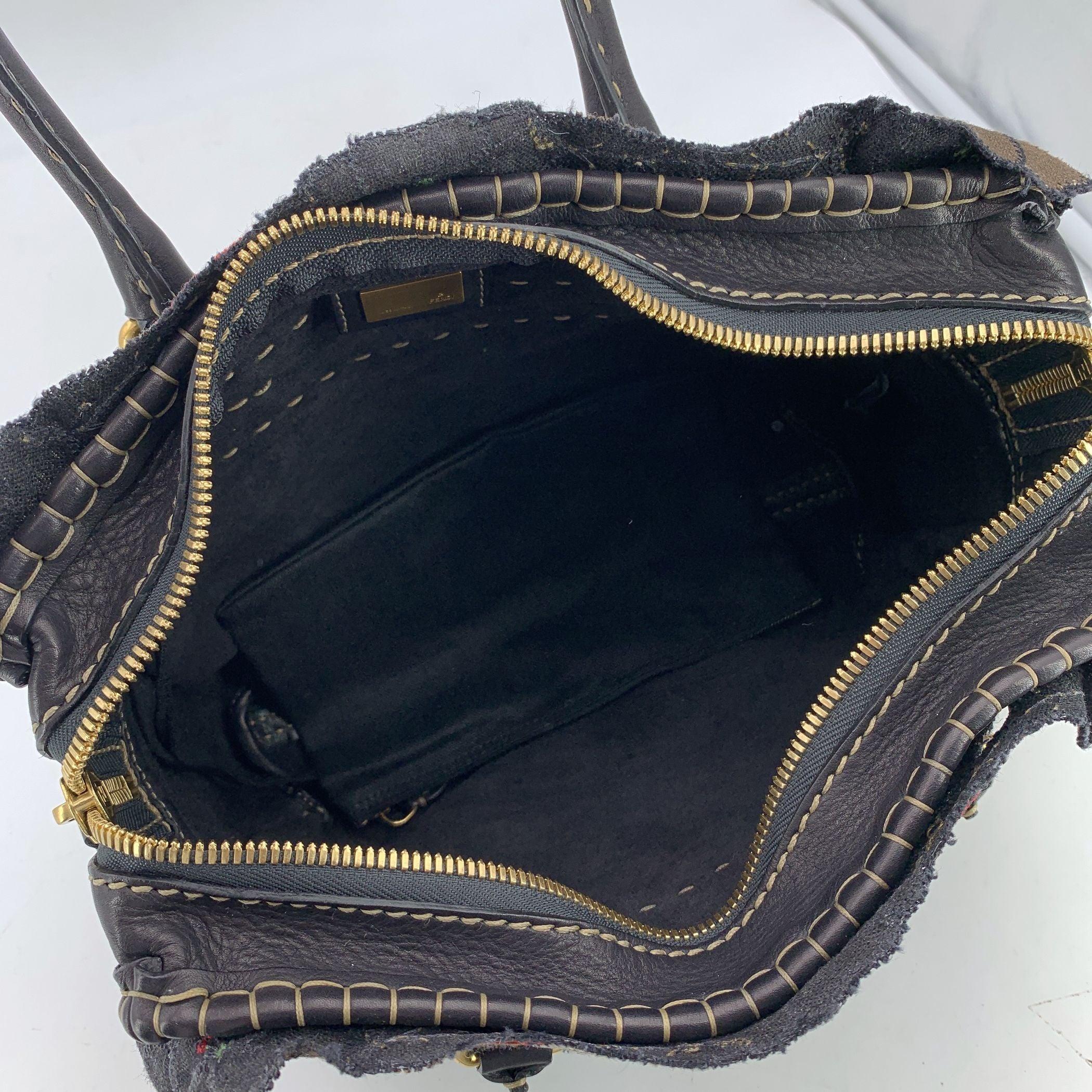 da uomo o donna Fendi, borsa a cartella in tela e pelle nera con applicazioni floreali in vendita