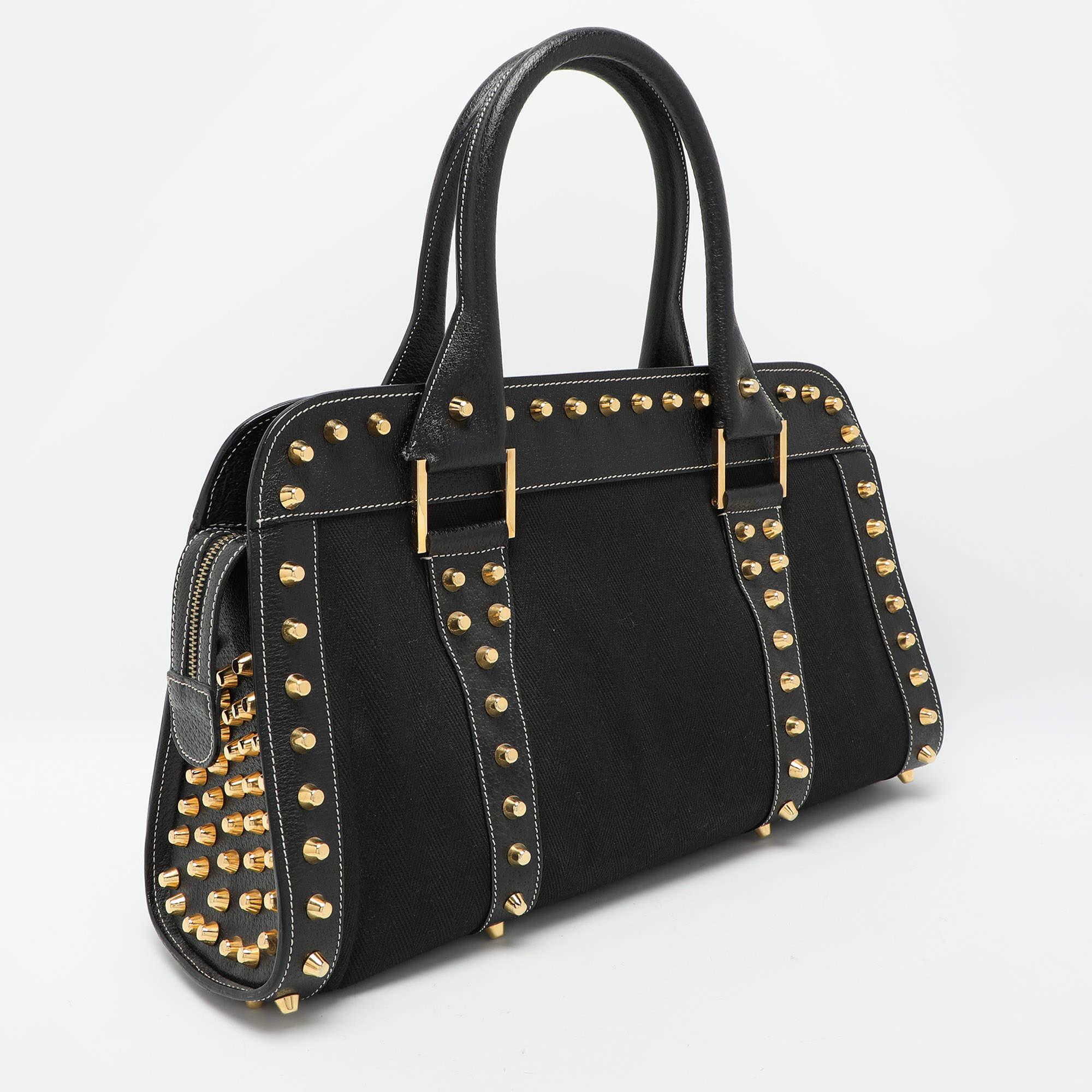 Fendi Black Canvas and Leather Selleria Embellished Satchel In Good Condition In Dubai, Al Qouz 2