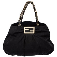 Fendi Black Canvas and Patent Leather Large Mia Shoulder Bag