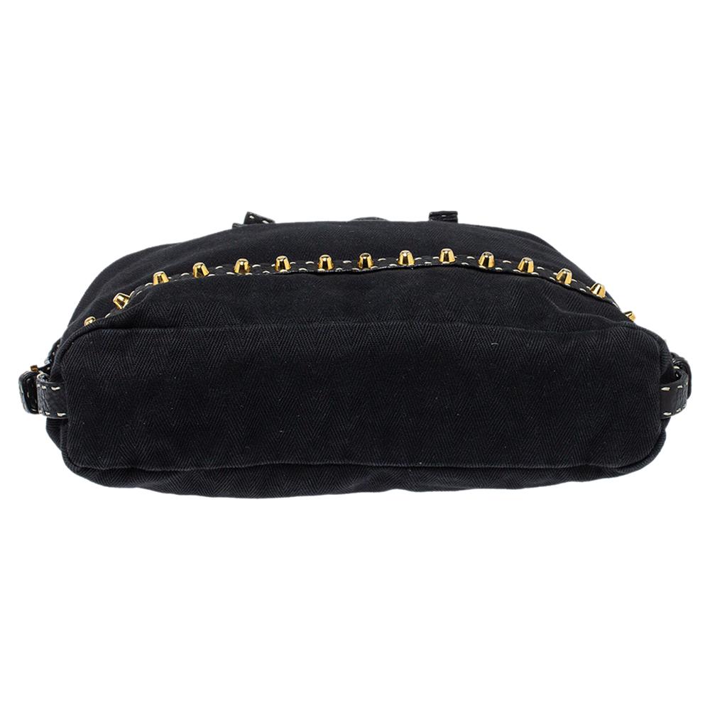 Fendi Black Canvas and Selleria Leather Studded Shoulder Bag 1