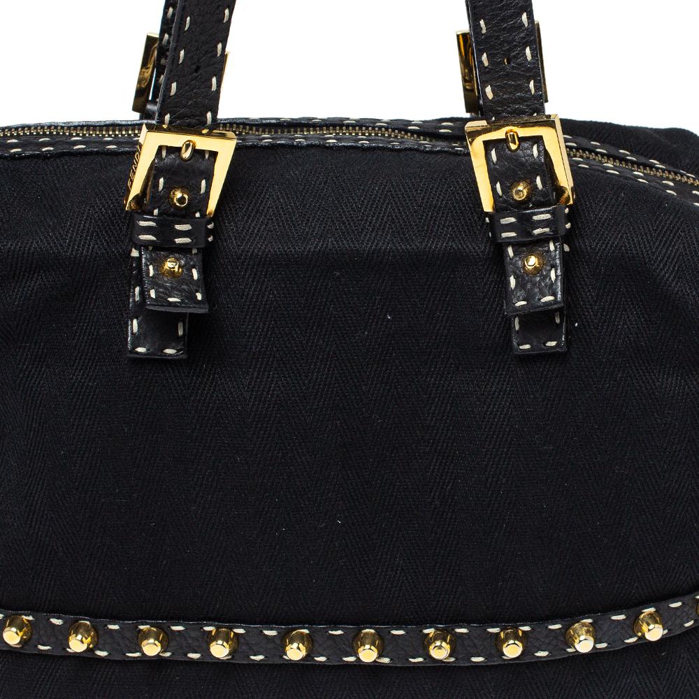 Fendi Black Canvas and Selleria Leather Studded Shoulder Bag 3