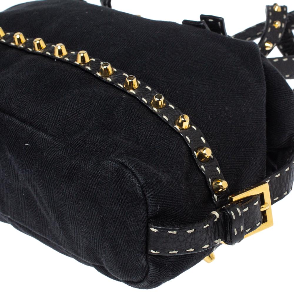 Fendi Black Canvas and Selleria Leather Studded Shoulder Bag 4