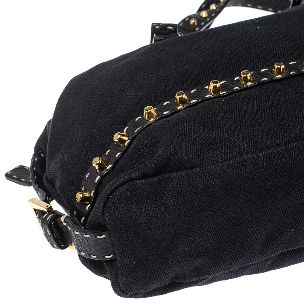 Fendi Black Canvas and Selleria Leather Studded Shoulder Bag 5