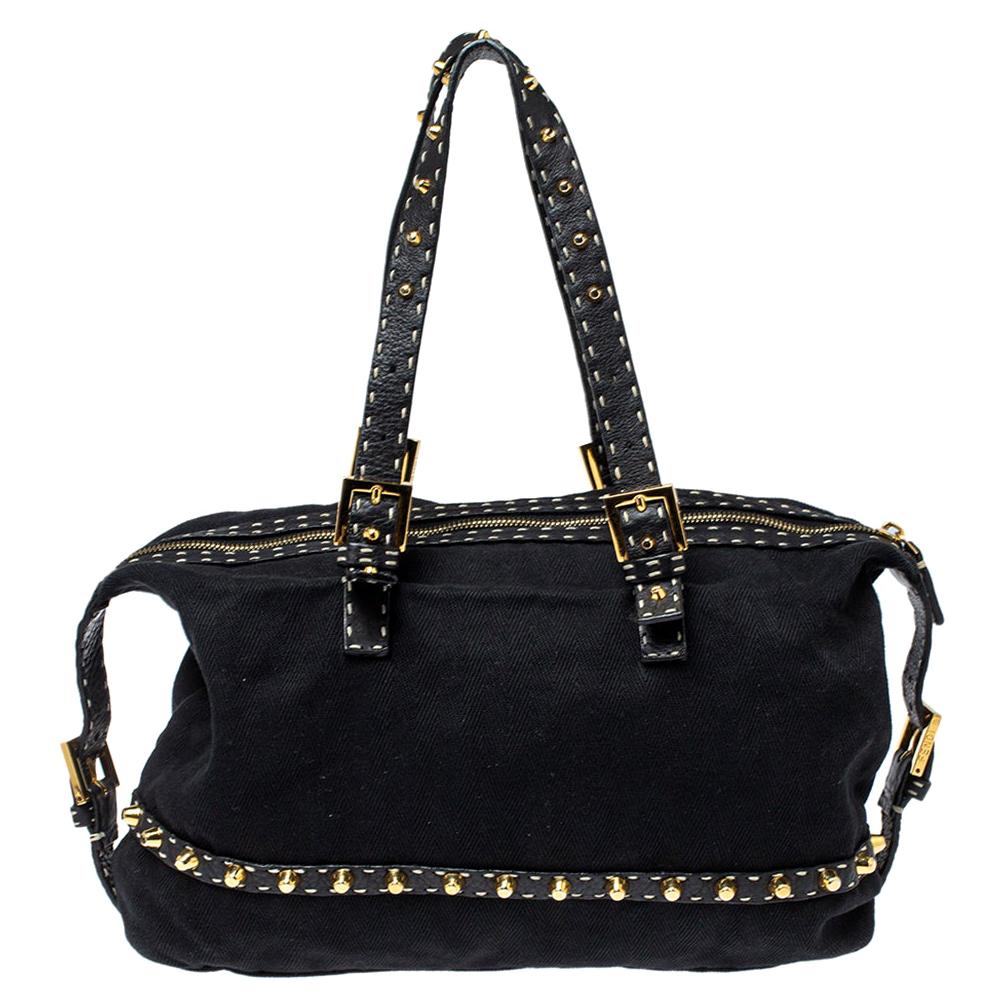 Fendi Black Canvas and Selleria Leather Studded Shoulder Bag