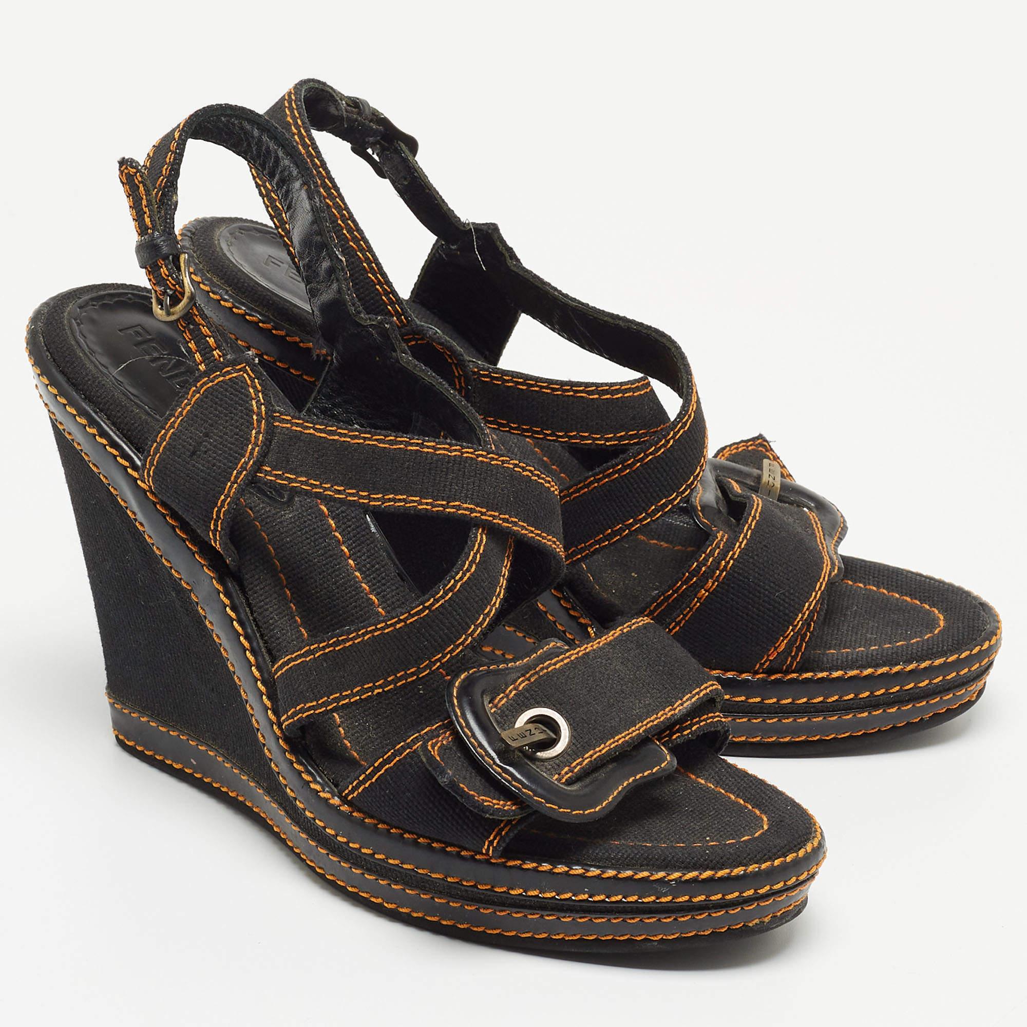 Women's Fendi Black Canvas B Buckle Platform Wedge Sandals Size 39.5