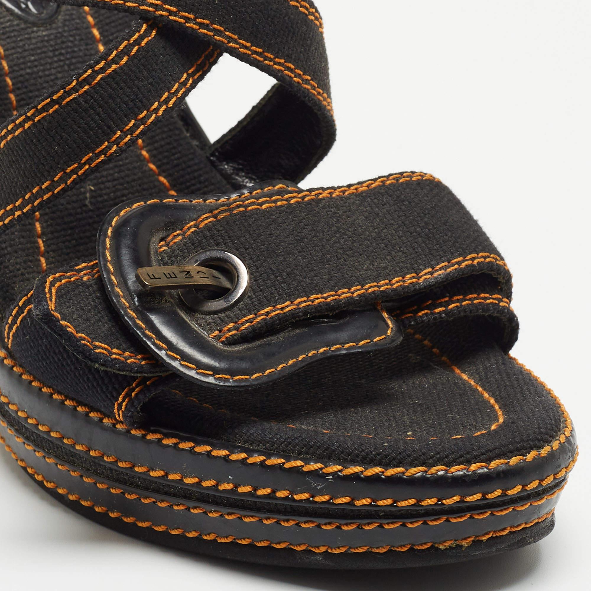 Fendi Black Canvas B Buckle Platform Wedge Sandals Size 39.5 1