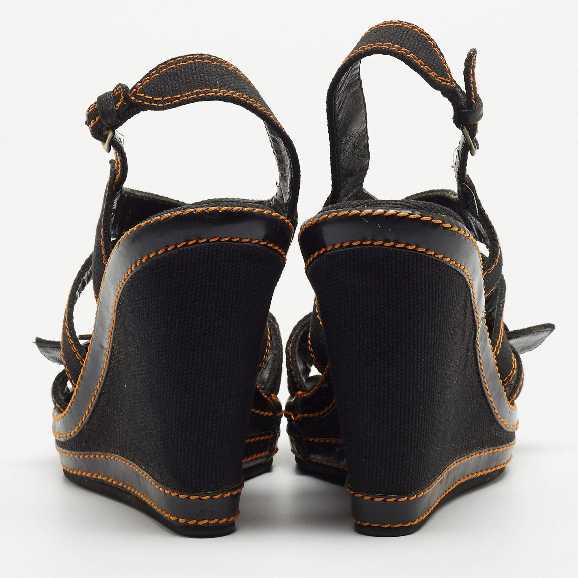 Fendi Black Canvas B Buckle Platform Wedge Sandals Size 39.5 2