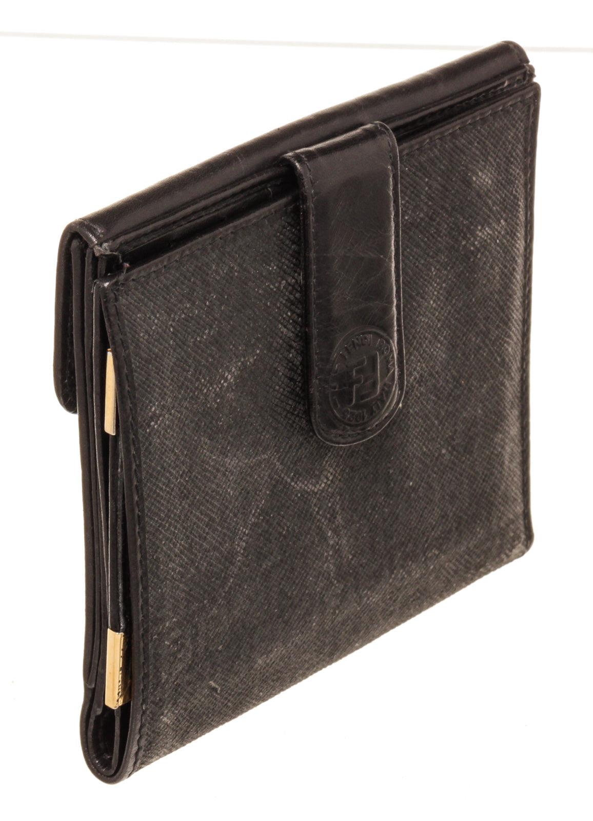 Fendi Black Canvas Compact Tab Wallet with canvas gold-tone hardware, interior  In Fair Condition For Sale In Irvine, CA