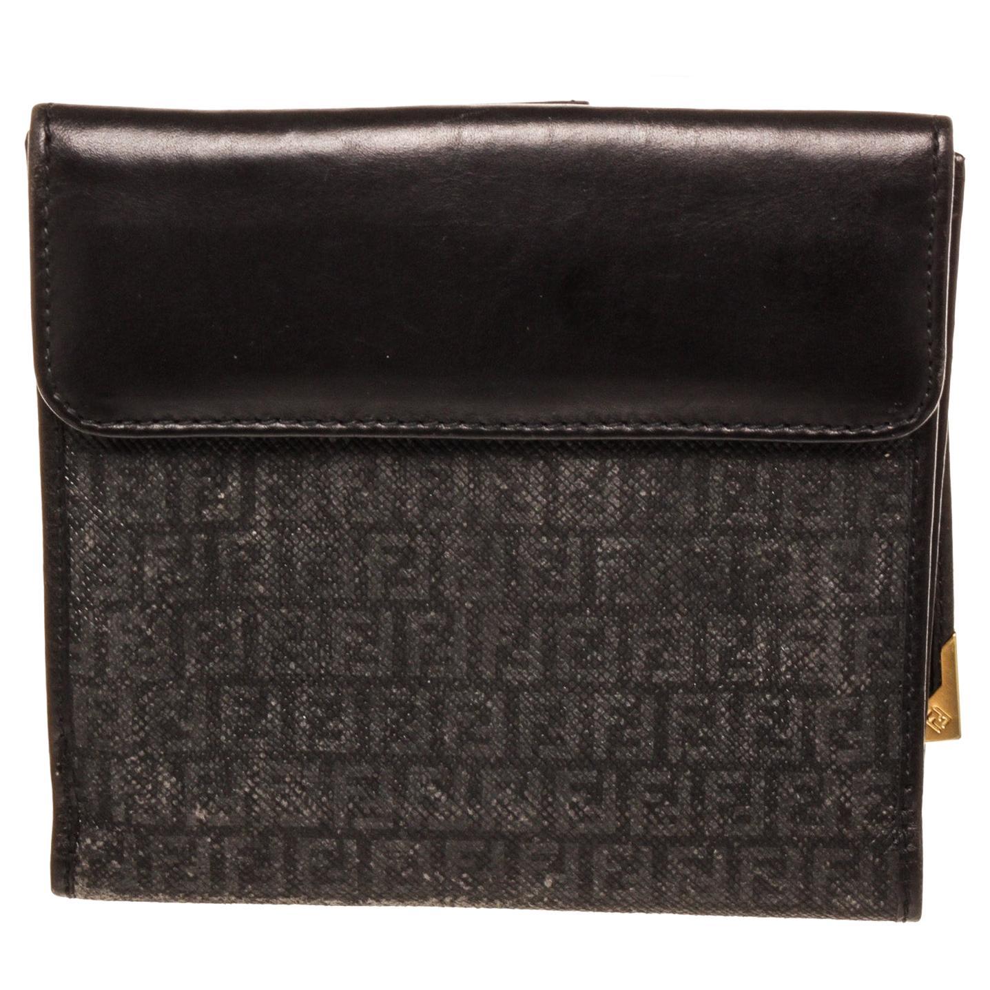 Fendi Black Canvas Compact Tab Wallet with canvas gold-tone hardware, interior  For Sale