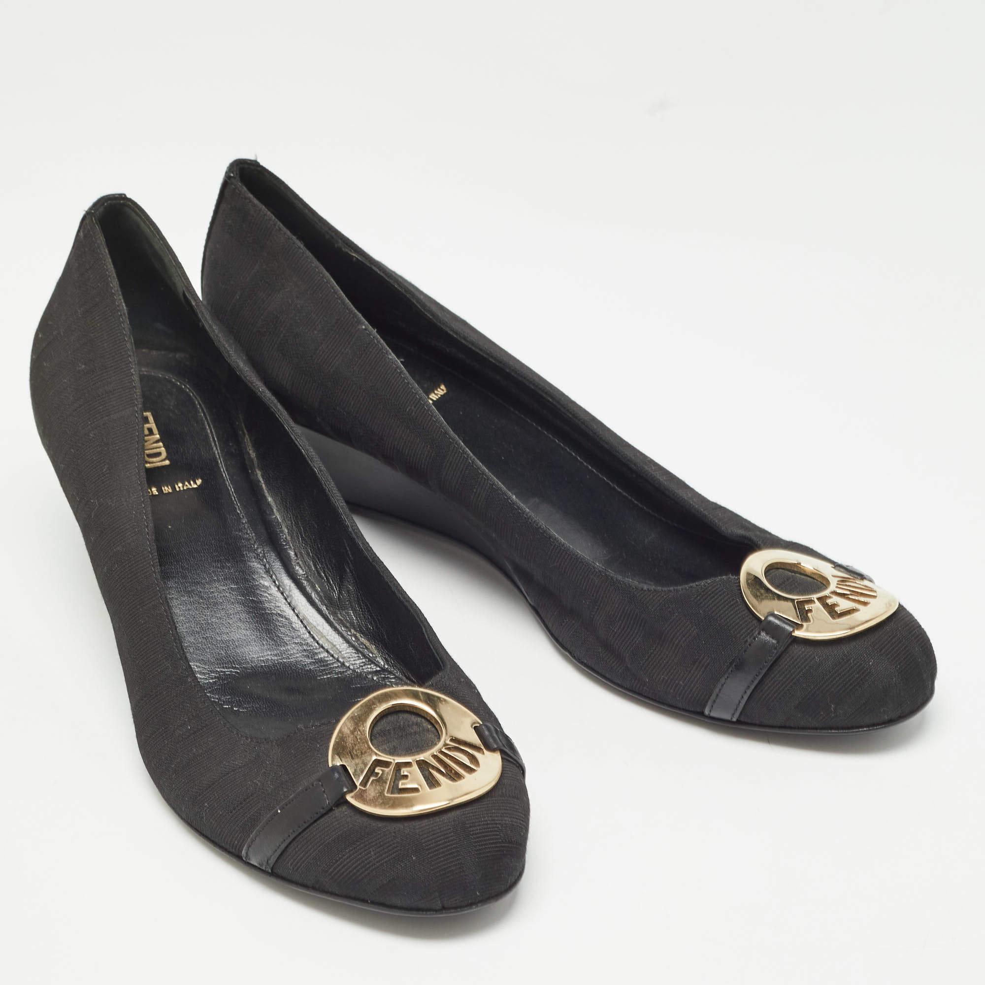 Women's Fendi Black Canvas Logo Wedges Sandals Size  41