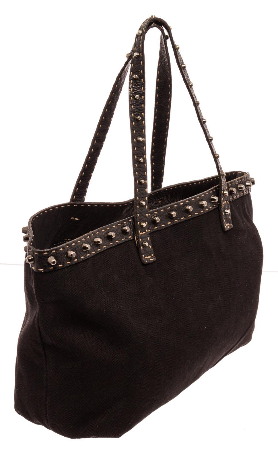 Fendi Black Canvas Selleria Tote Bag with gold-tone hardware, trim leather In Good Condition In Irvine, CA