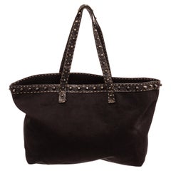 Fendi Black Canvas Selleria Tote Bag with gold-tone hardware, trim leather