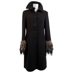 Fendi Black Cashmere and Wool Coat with Fur Trim Size 40