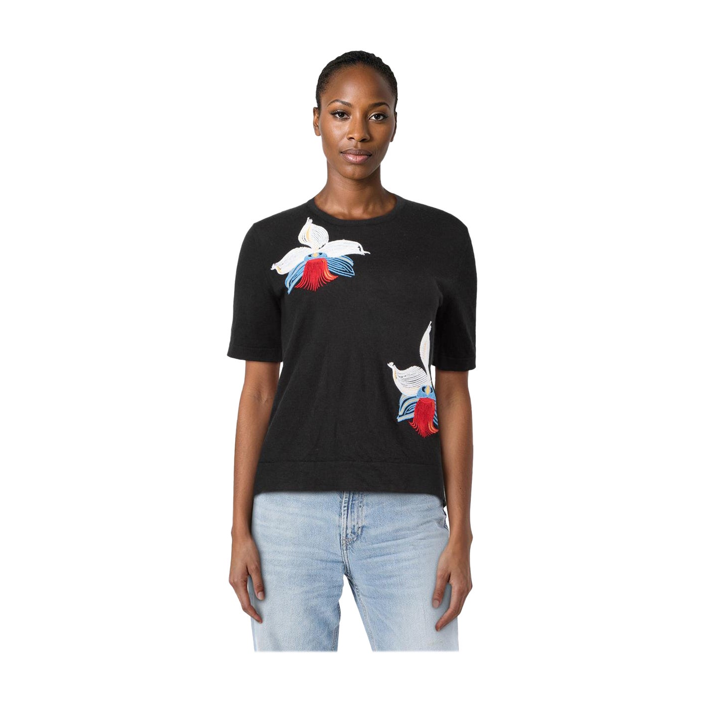 Fendi Black Cashmere Floral Embroidered Top Size M en venta