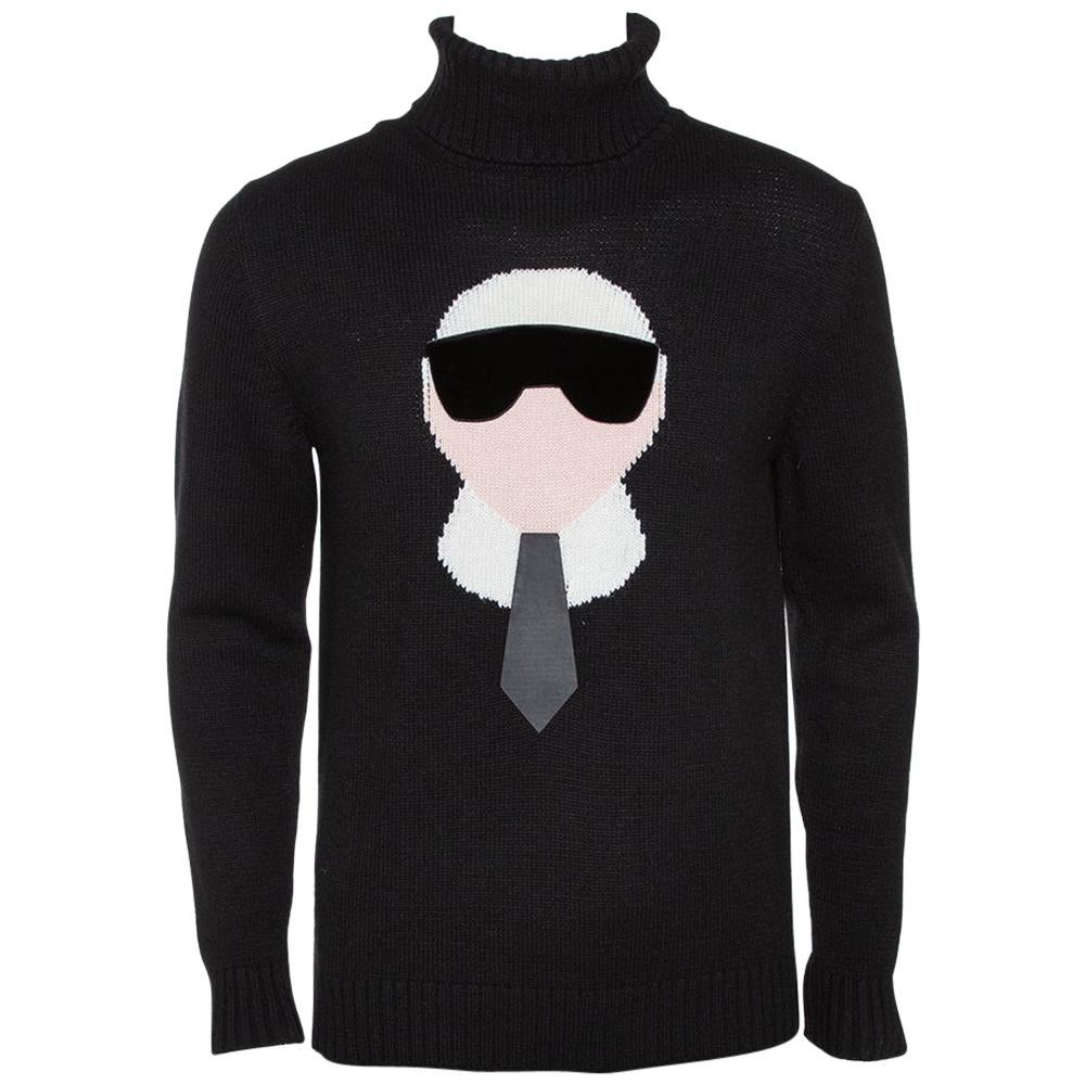 Fendi Black Cashmere Intarsia Knit Karlito Turtleneck Sweater M