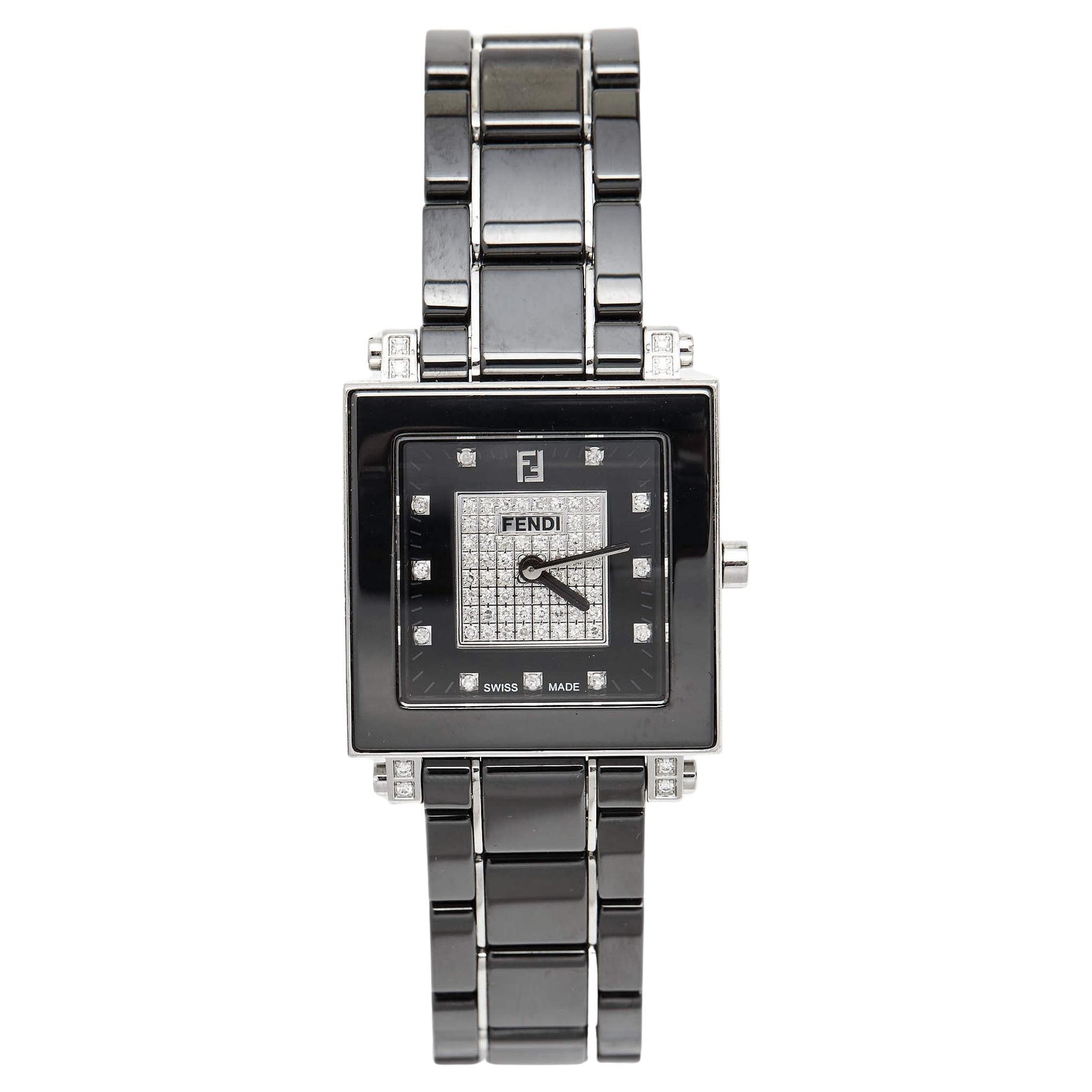 Fendi Black Ceramic Stainless Steel Diamond Quadro 6200G Women's Wristwatch 30 m