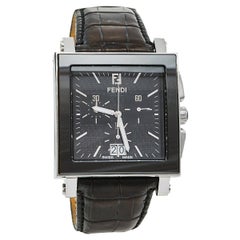 Used Fendi Black Ceramic Stainless Steel Quadro 6500G Men's Wristwatch 39 mm