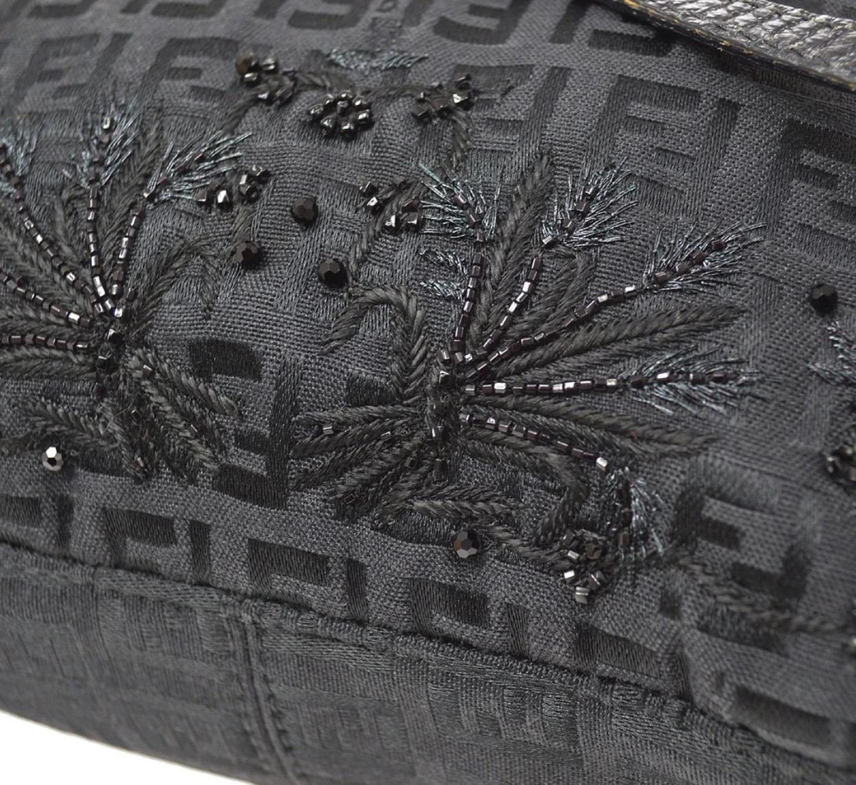 Fendi Black Cloth Bead Embroidery Small Baguette Top Handle Shoulder Flap Bag In Good Condition In Chicago, IL