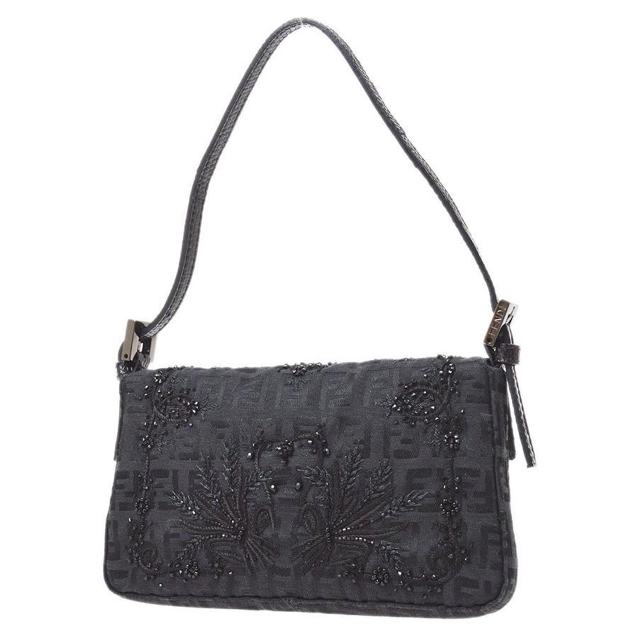 Women's Fendi Black Cloth Bead Embroidery Small Baguette Top Handle Shoulder Flap Bag
