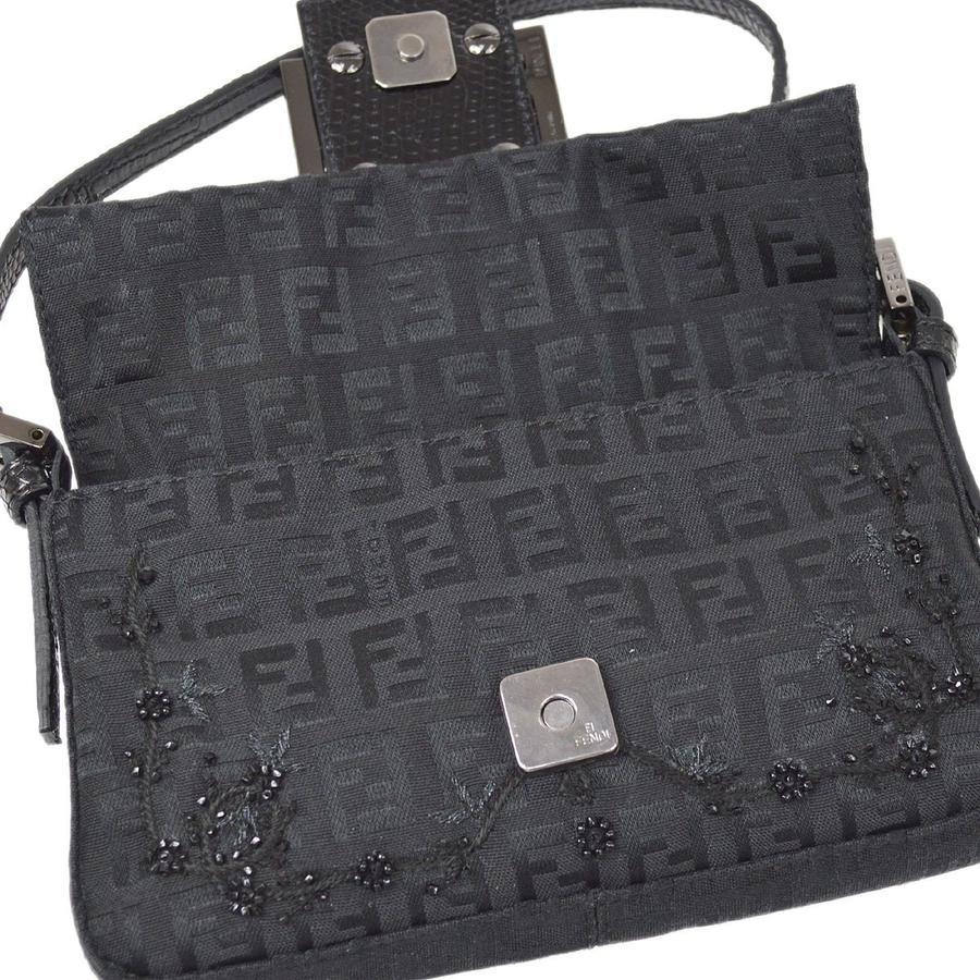Fendi Black Cloth Bead Embroidery Small Baguette Top Handle Shoulder Flap Bag 2
