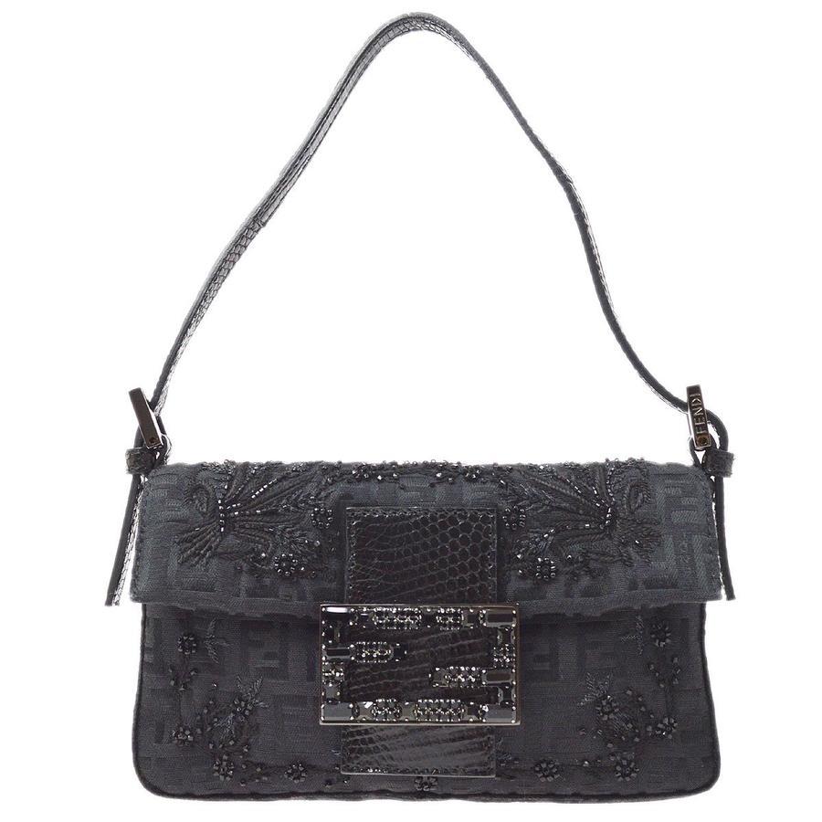 Fendi Black Cloth Bead Embroidery Small Baguette Top Handle Shoulder Flap Bag