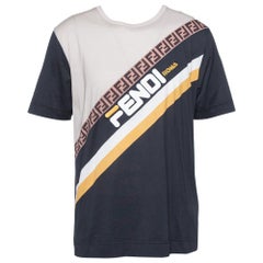 Fendi Black Color Block Cotton Logo Printed Roundneck T-Shirt L