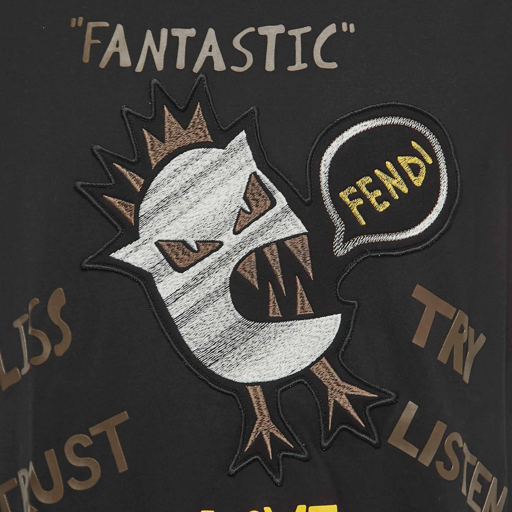 Fendi Black Cotton Applique Detailed Half Sleeve T-Shirt XXL In Excellent Condition For Sale In Dubai, Al Qouz 2